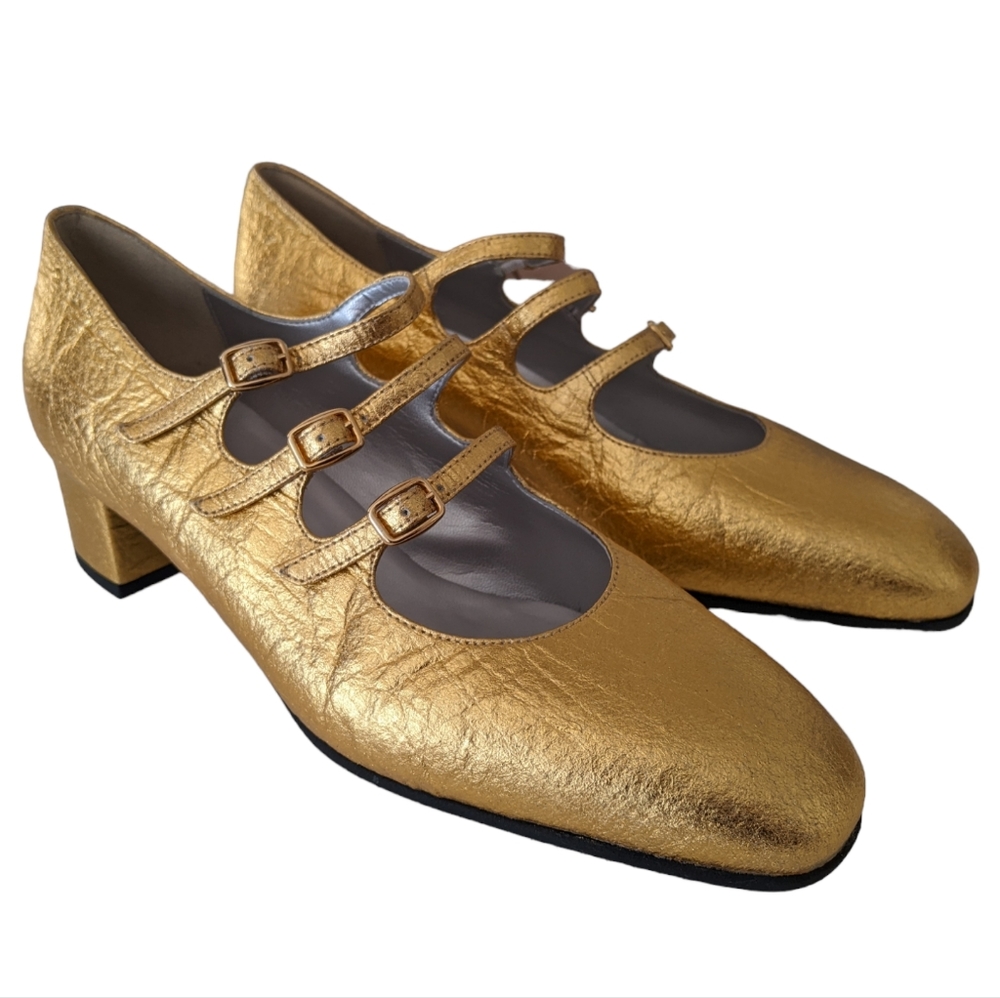 Gold Carel Kina Piña Vegan Leather Mary Janes New In Box US 8 UK 38 1/2